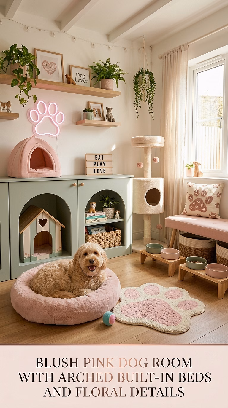 1. Blush Pink Dog Room With Arched Built-In Beds and Floral Details