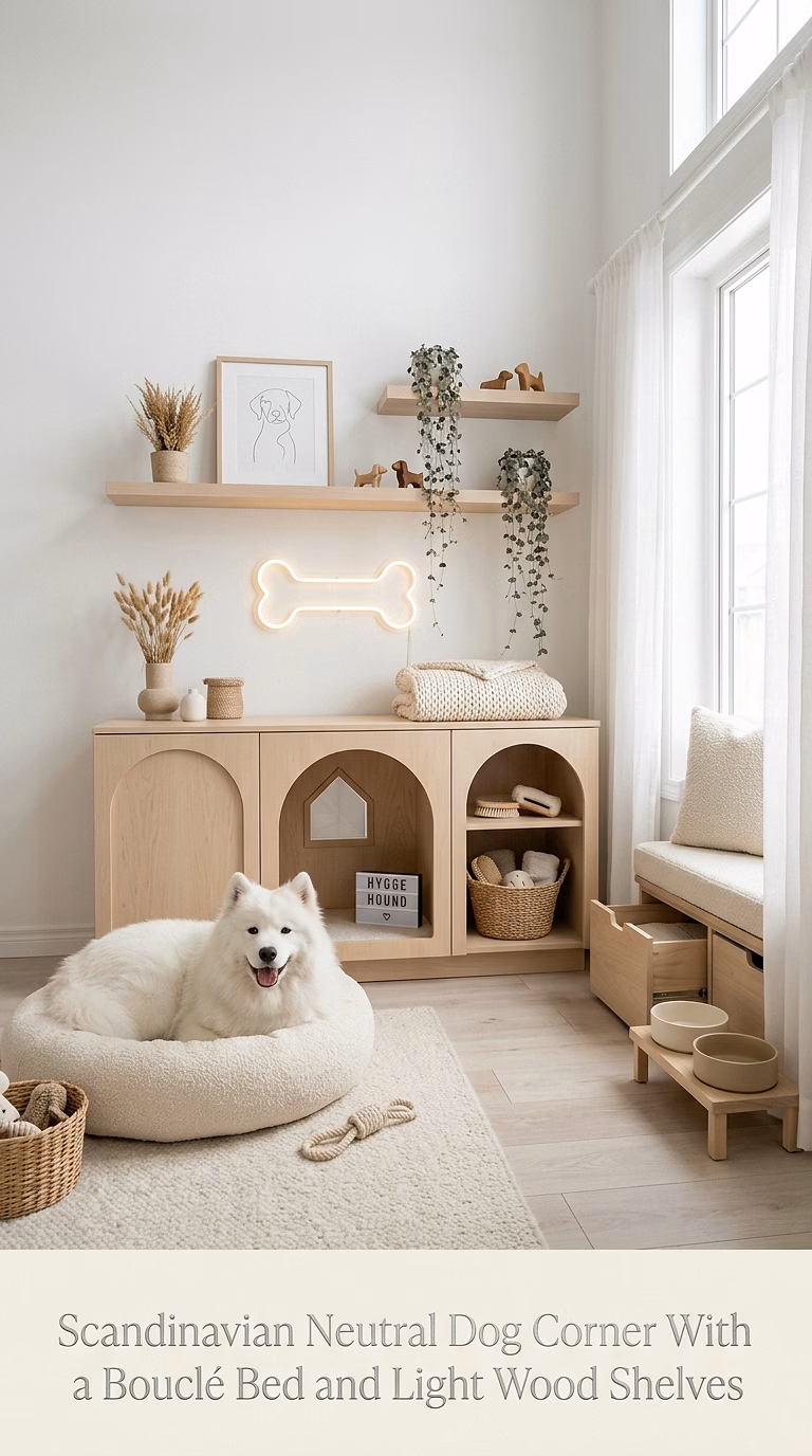 1. Scandinavian Neutral Dog Corner With a Bouclé Bed and Light Wood Shelves