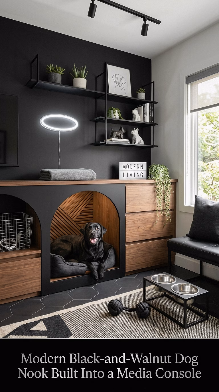 1. Warm White Under-Stairs Dog Nook With Arched Doorway and Built-In Bed