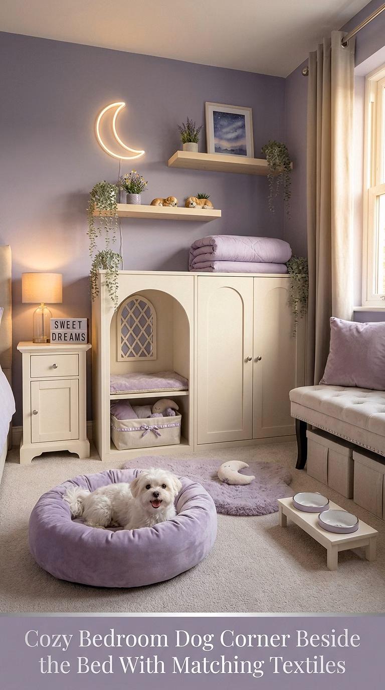 10. Cozy Bedroom Dog Corner Beside the Bed With Matching Textiles