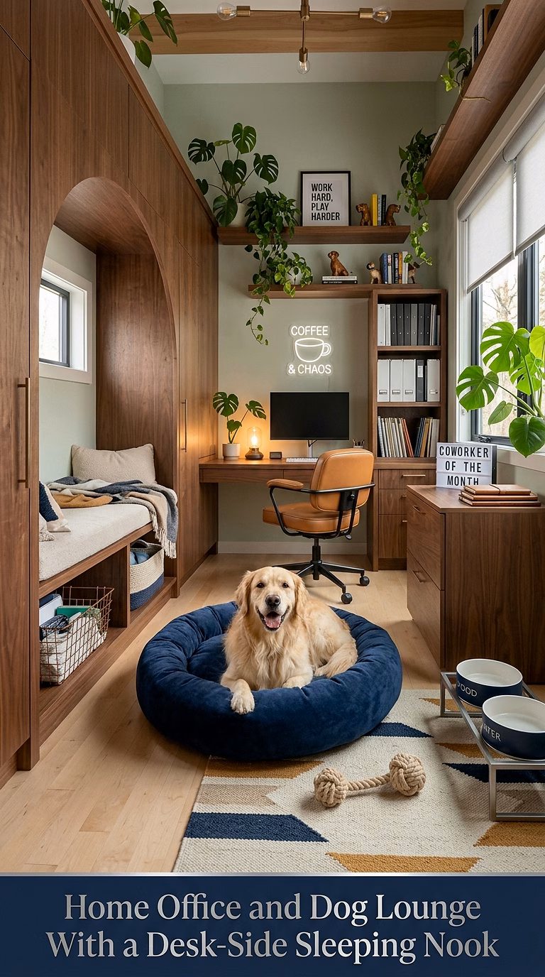 10. Home Office and Dog Lounge With a Desk-Side Sleeping Nook