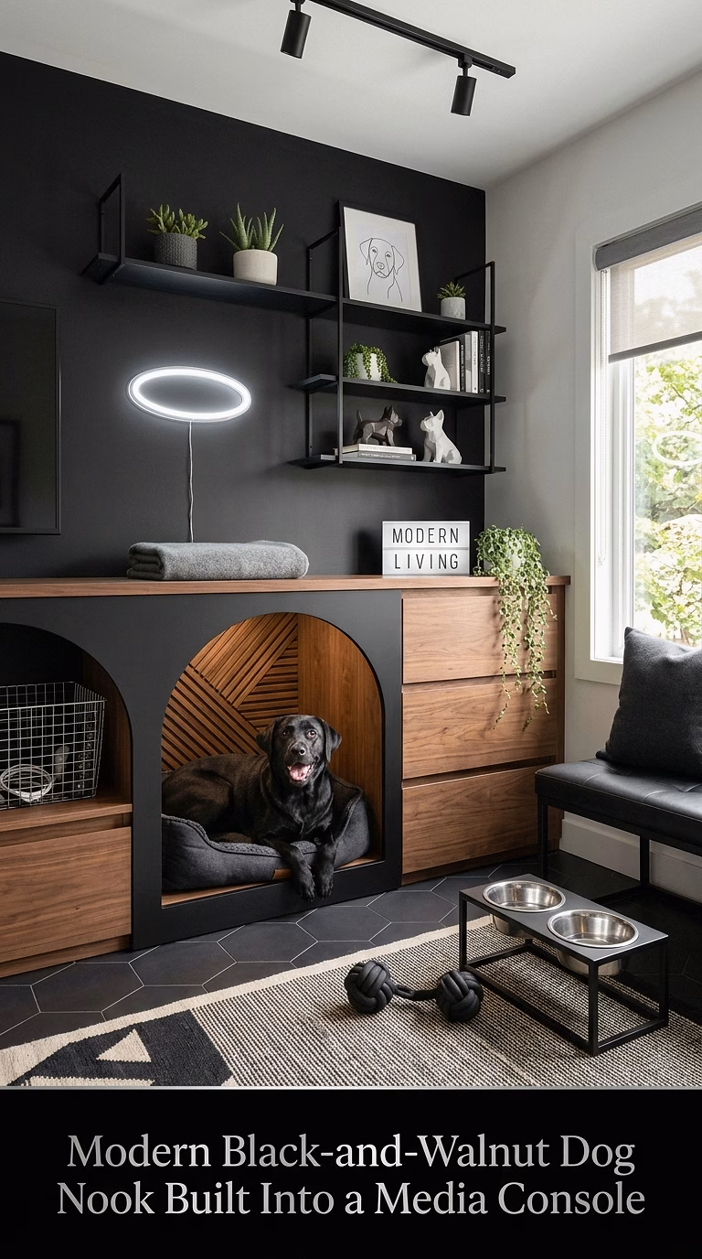 10. Modern Black-and-Walnut Dog Nook Built Into a Media Console