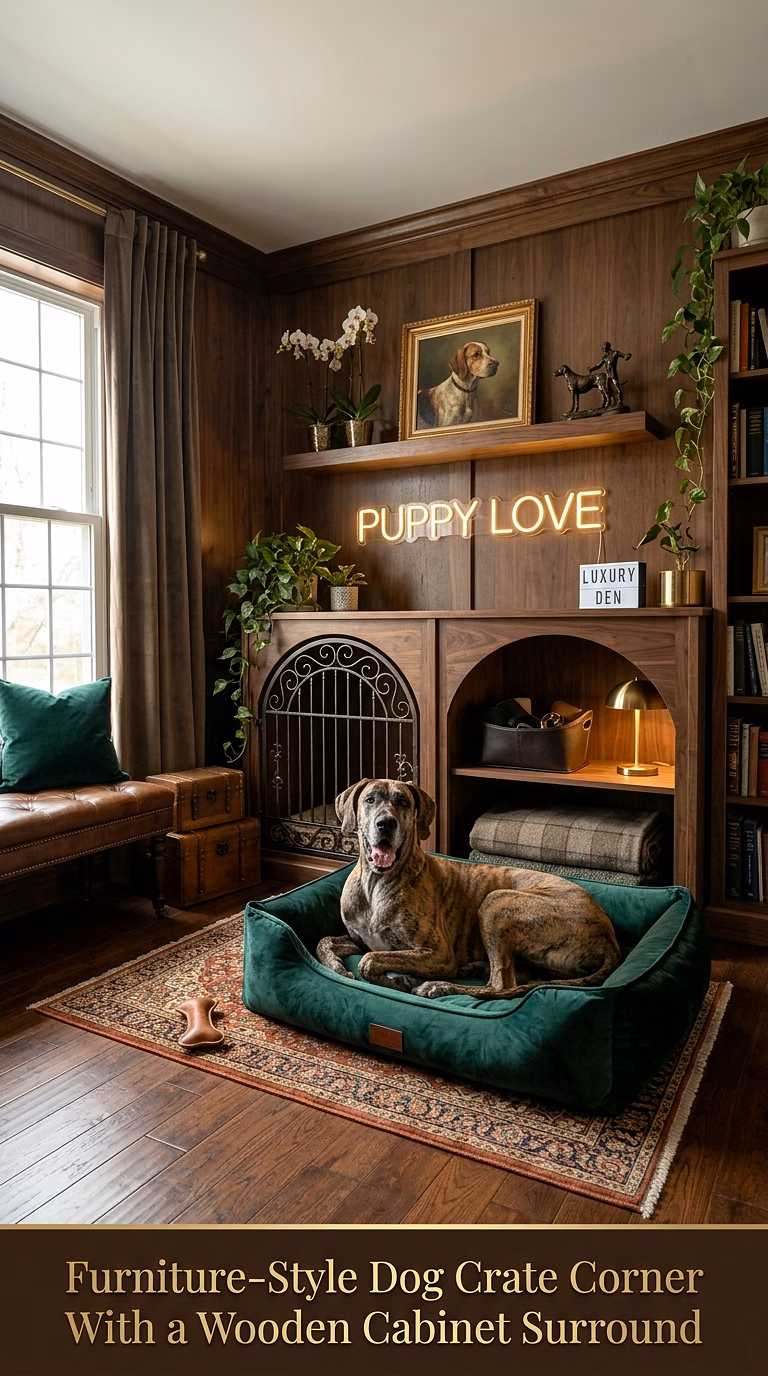 11. Furniture-Style Dog Crate Corner With a Wooden Cabinet Surround