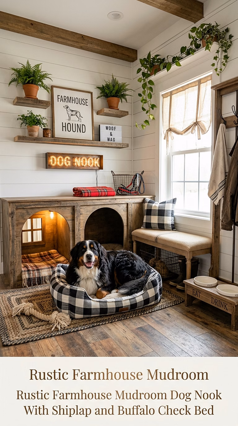 11. Rustic Farmhouse Mudroom Dog Nook With Shiplap and Buffalo Check Bed
