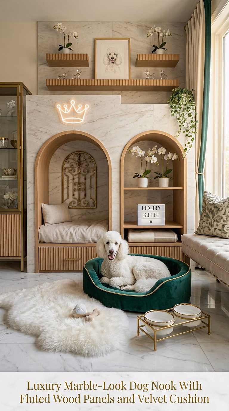 12. Luxury Marble-Look Dog Nook With Fluted Wood Panels and Velvet Cushion