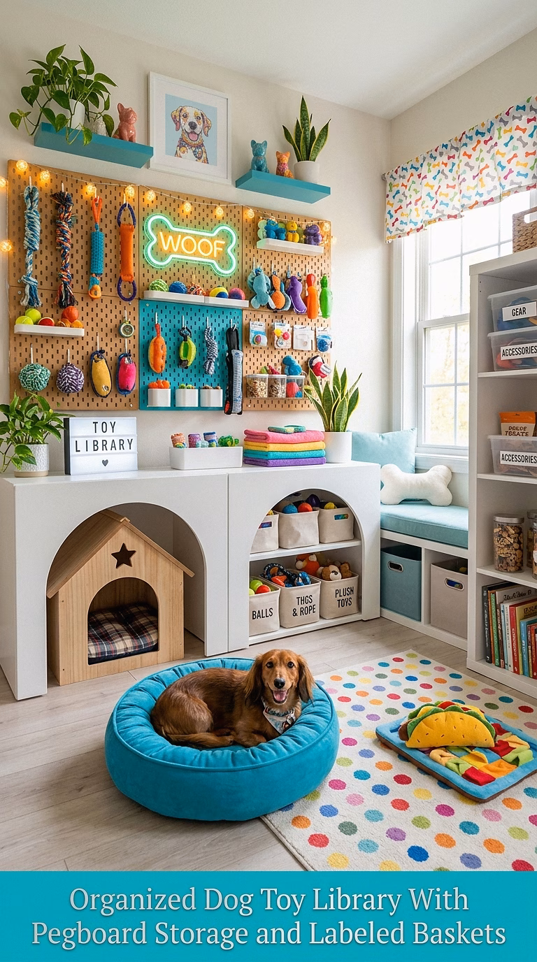 12. Organized Dog Toy Library With Pegboard Storage and Labeled Baskets