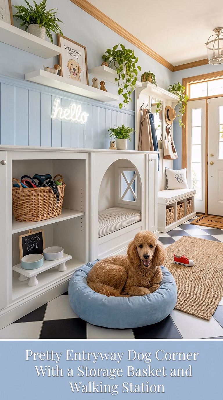 12. Pretty Entryway Dog Corner With a Storage Basket and Walking Station