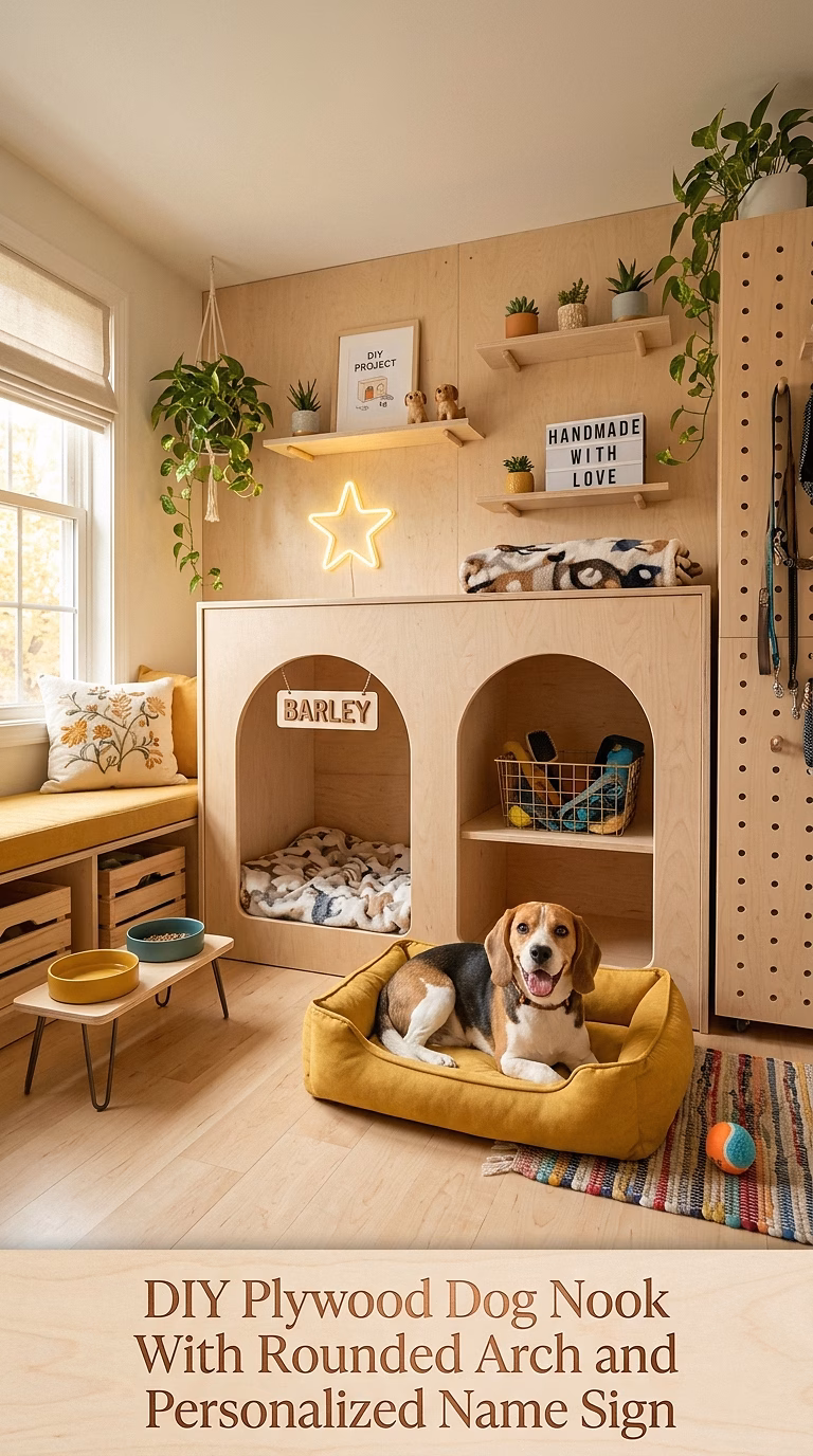 13. DIY Plywood Dog Nook With Rounded Arch and Personalized Name Sign