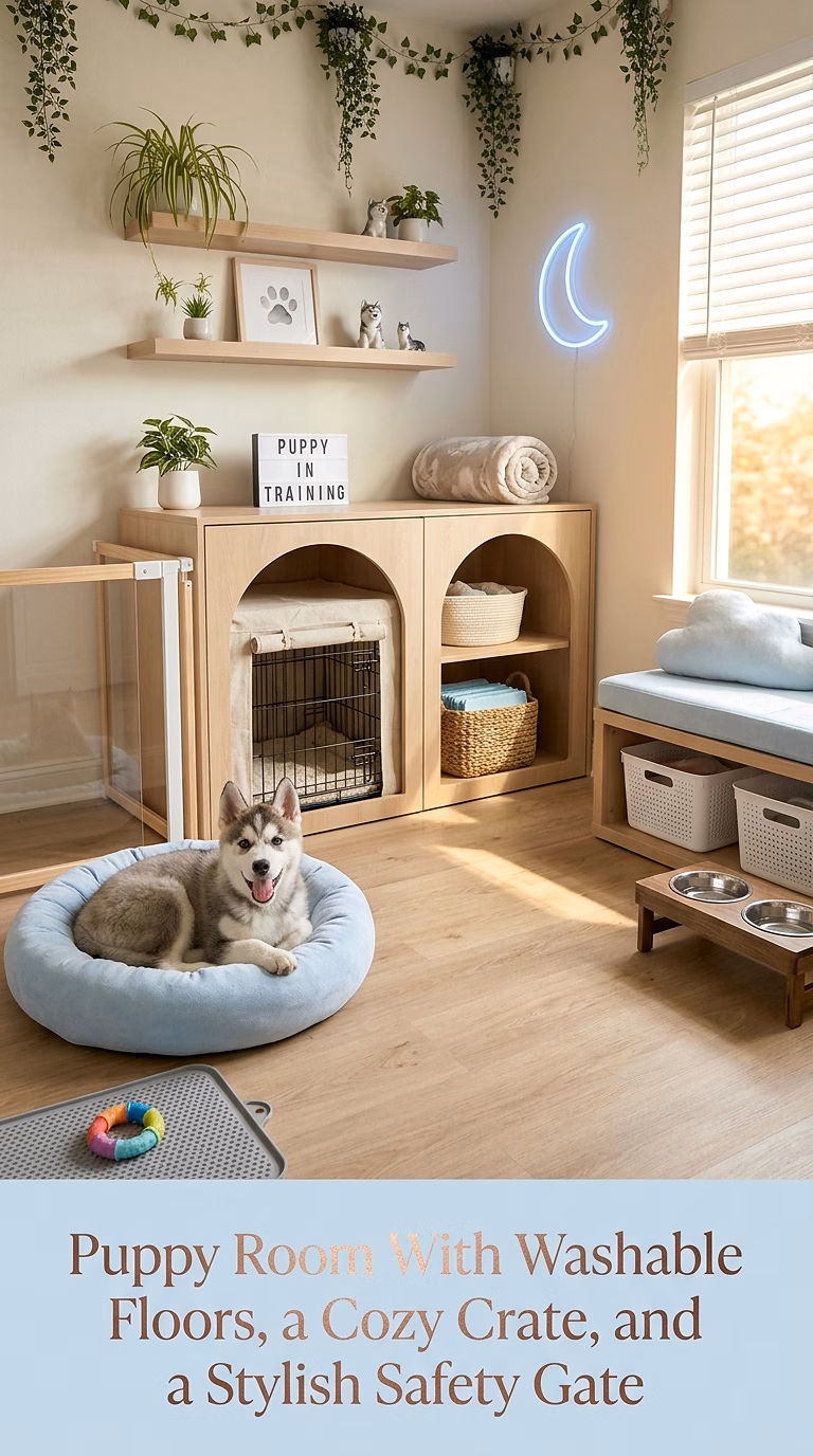 13. Puppy Room With Washable Floors, a Cozy Crate, and a Stylish Safety Gate