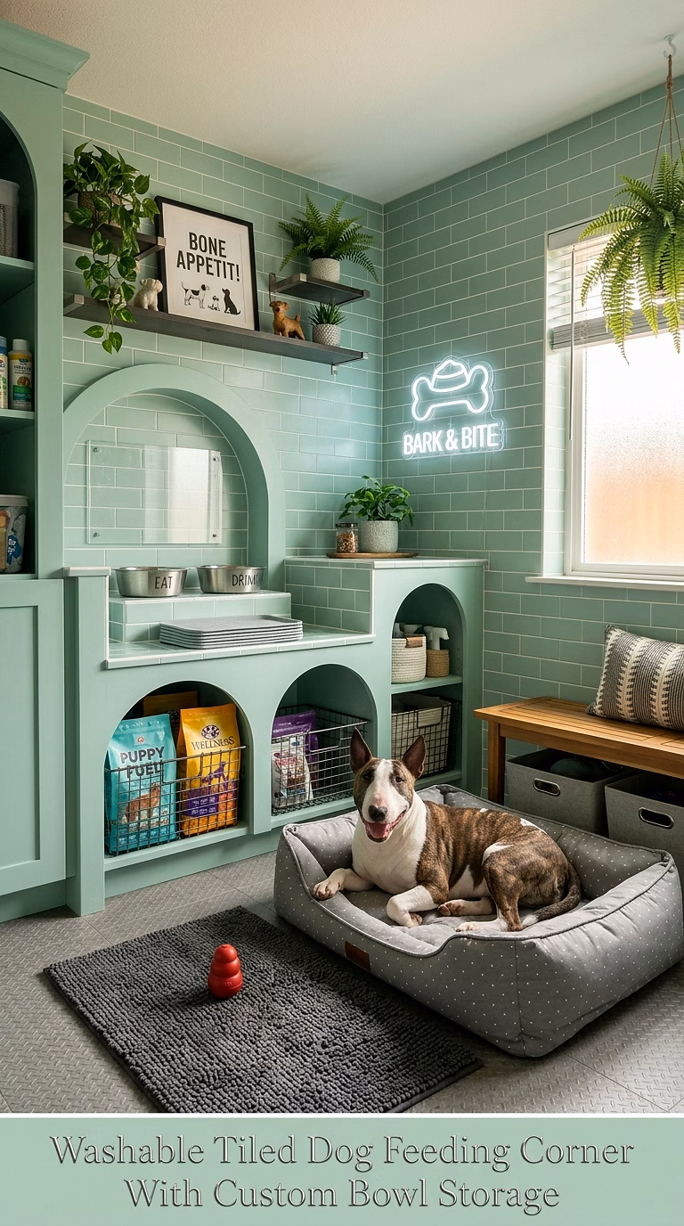 13. Washable Tiled Dog Feeding Corner With Custom Bowl Storage
