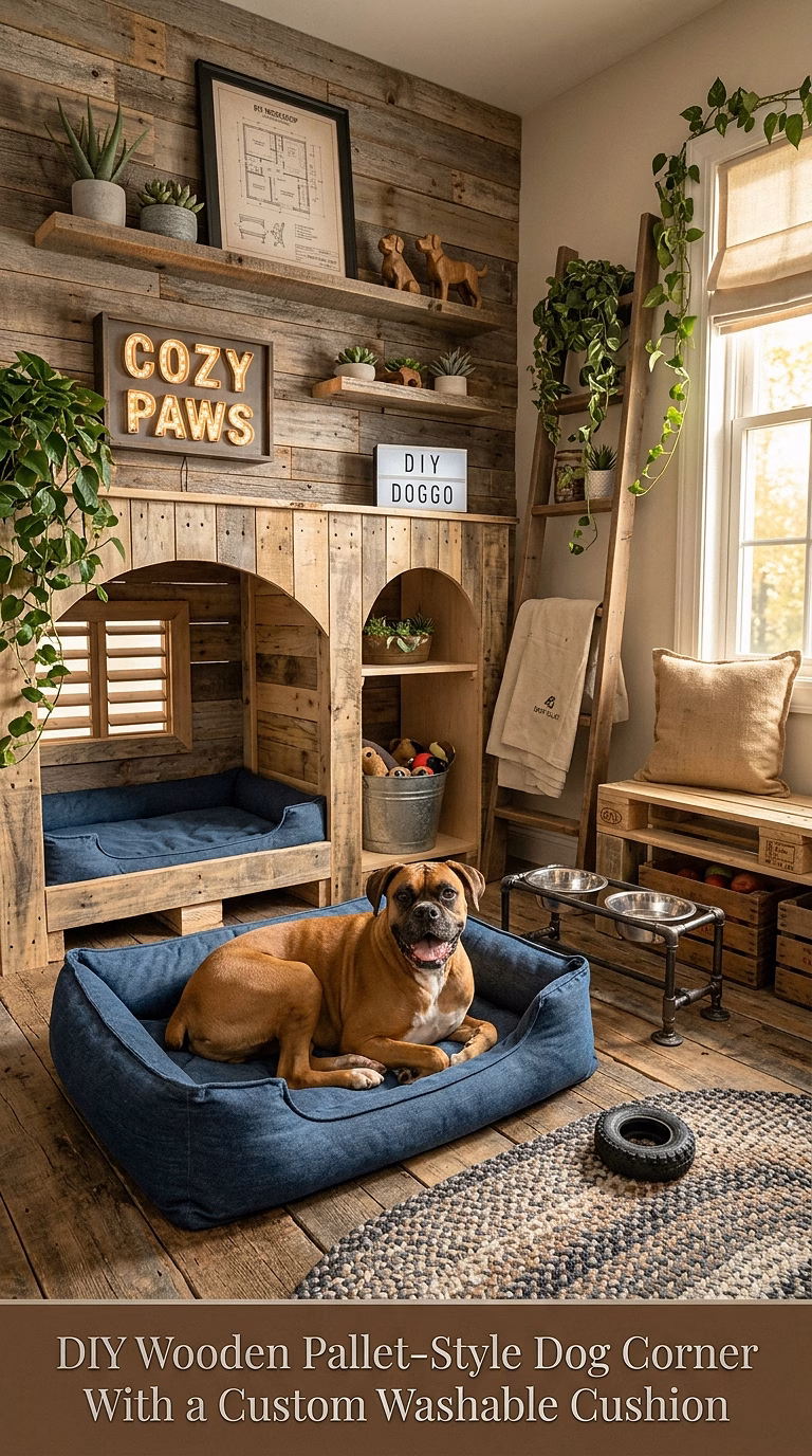 14. DIY Wooden Pallet-Style Dog Corner With a Custom Washable Cushion