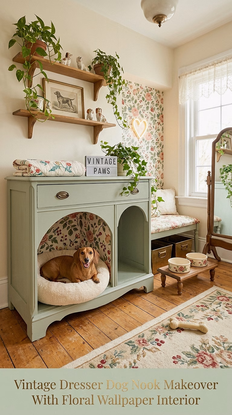 14. Vintage Dresser Dog Nook Makeover With Floral Wallpaper Interior