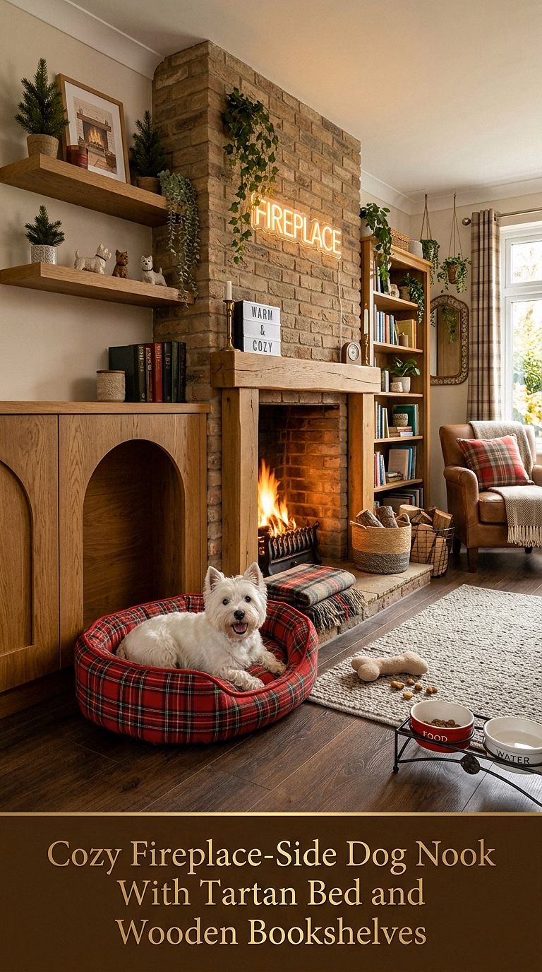 15. Cozy Fireplace-Side Dog Nook With Tartan Bed and Wooden Bookshelves