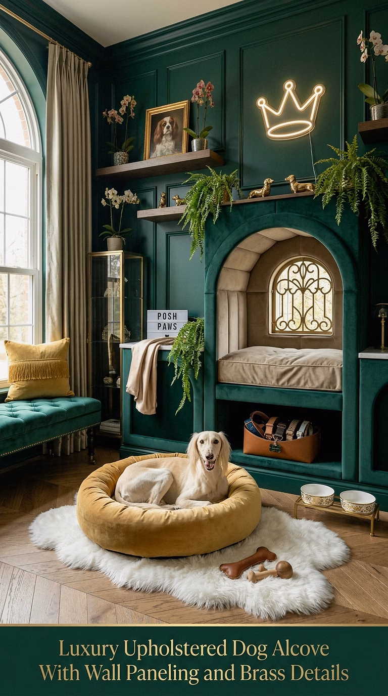 15. Luxury Upholstered Dog Alcove With Wall Paneling and Brass Details