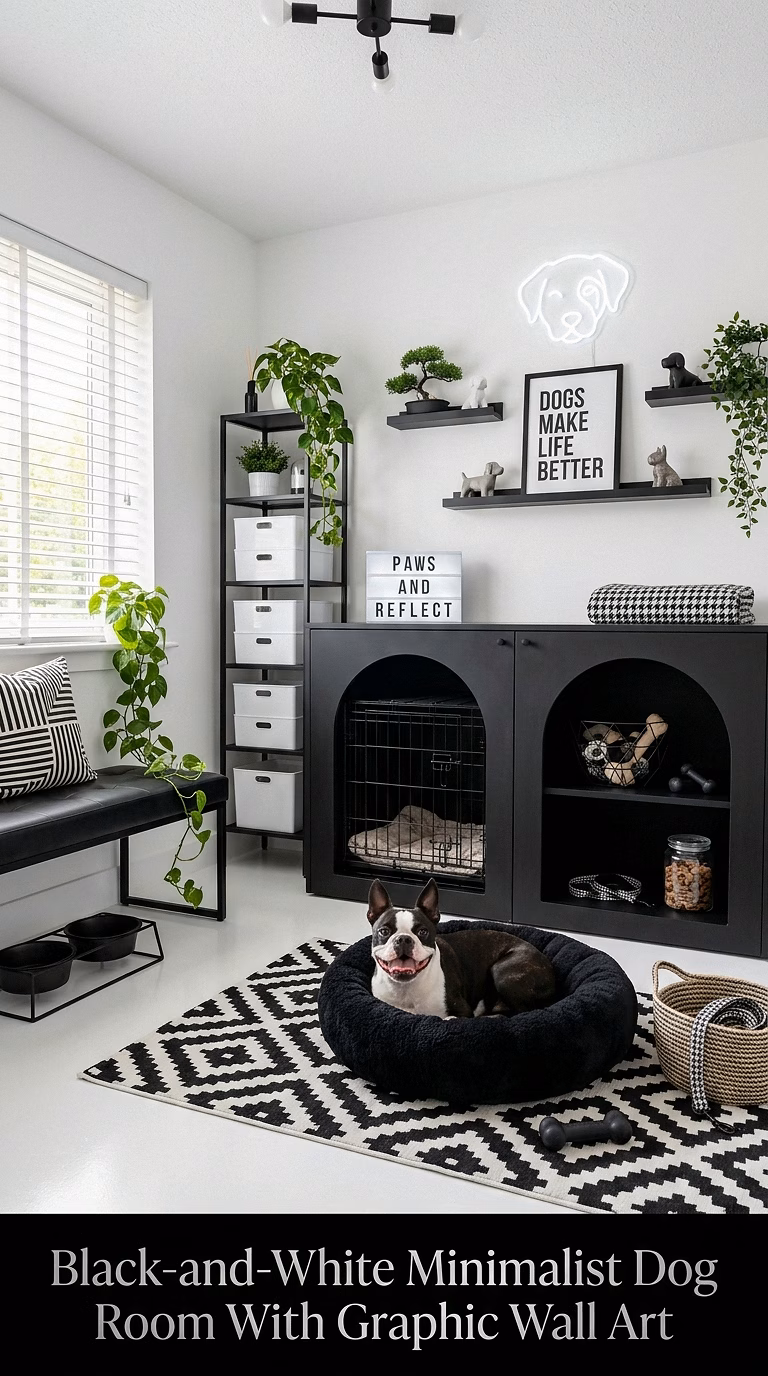 16. Black-and-White Minimalist Dog Room With Graphic Wall Art