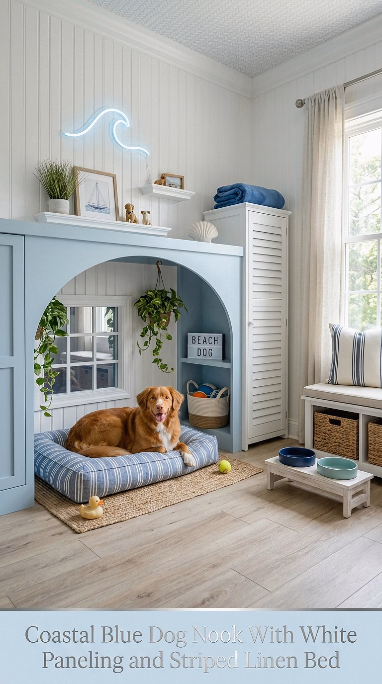 16. Coastal Blue Dog Nook With White Paneling and Striped Linen Bed