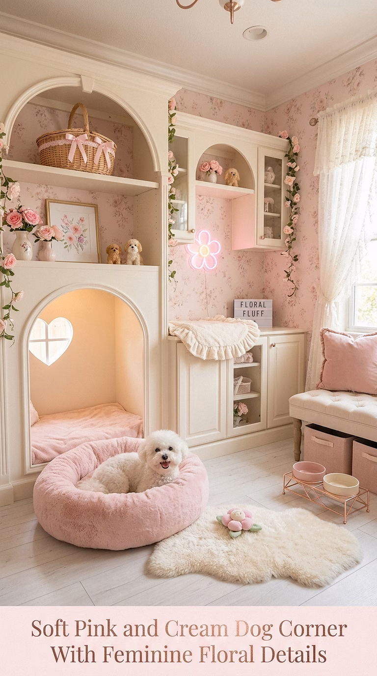 16. Soft Pink and Cream Dog Corner With Feminine Floral Details