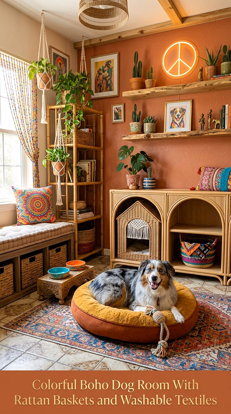 17. Colorful Boho Dog Room With Rattan Baskets and Washable Textiles