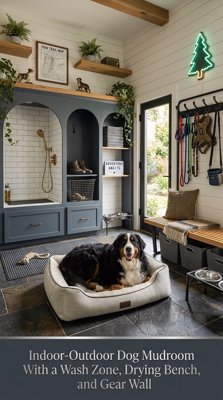 18. Indoor-Outdoor Dog Mudroom With a Wash Zone, Drying Bench, and Gear Wall