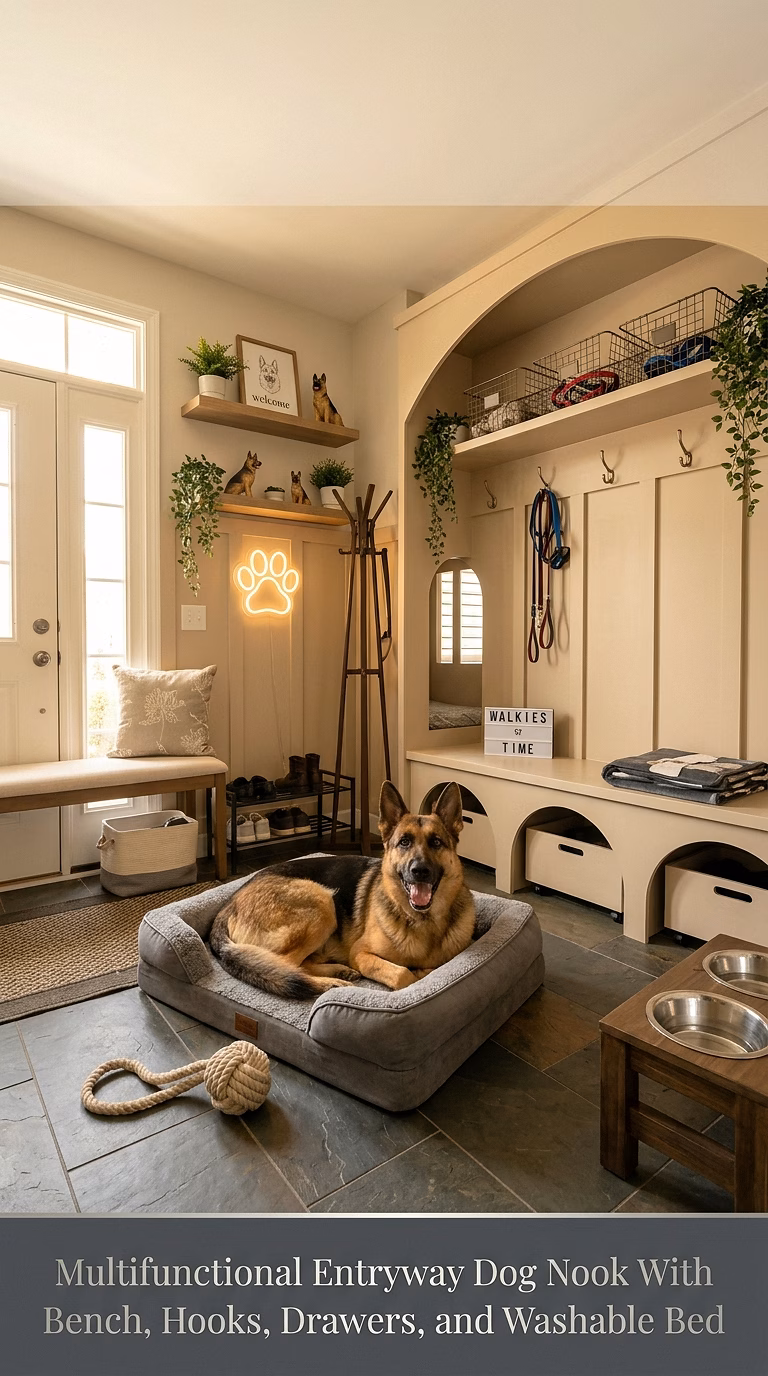 18. Multifunctional Entryway Dog Nook With Bench, Hooks, Drawers, and Washable Bed