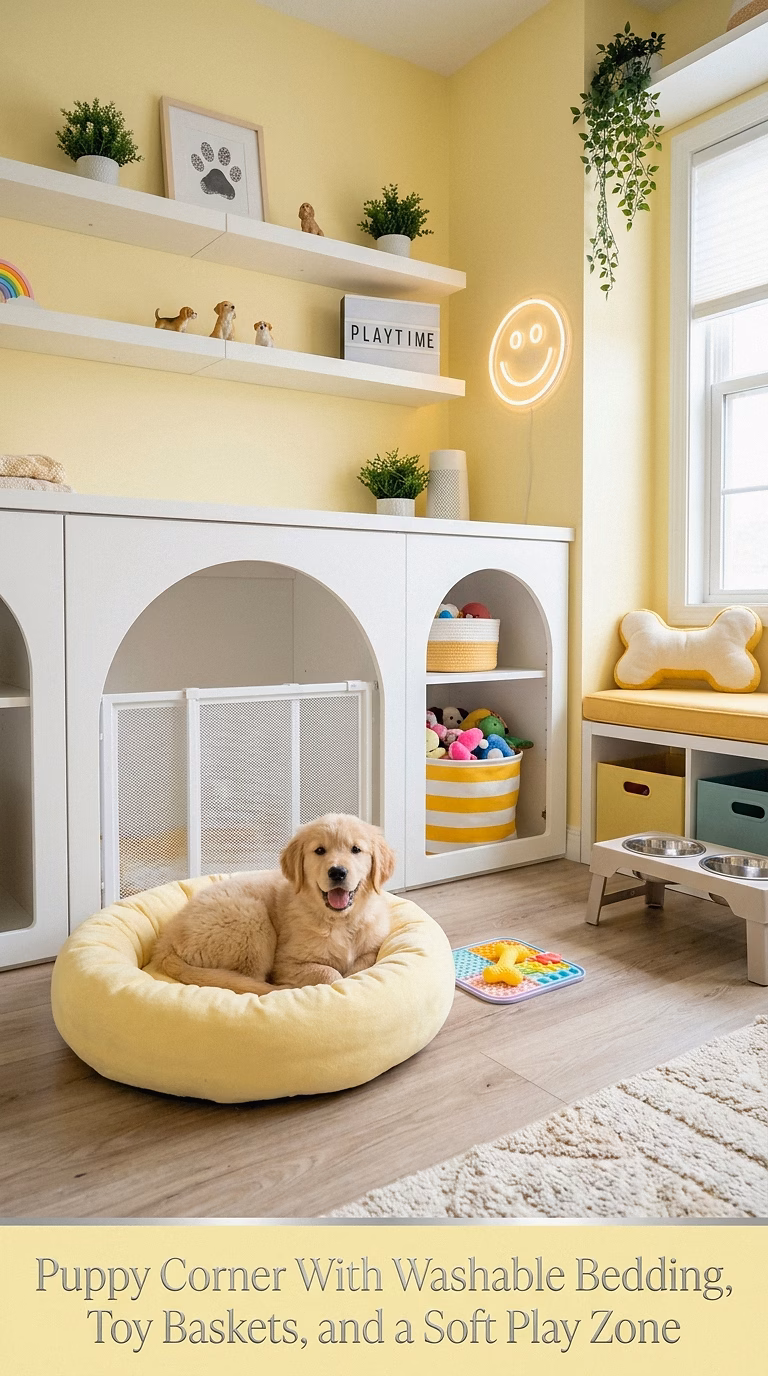 18. Puppy Corner With Washable Bedding, Toy Baskets, and a Soft Play Zone