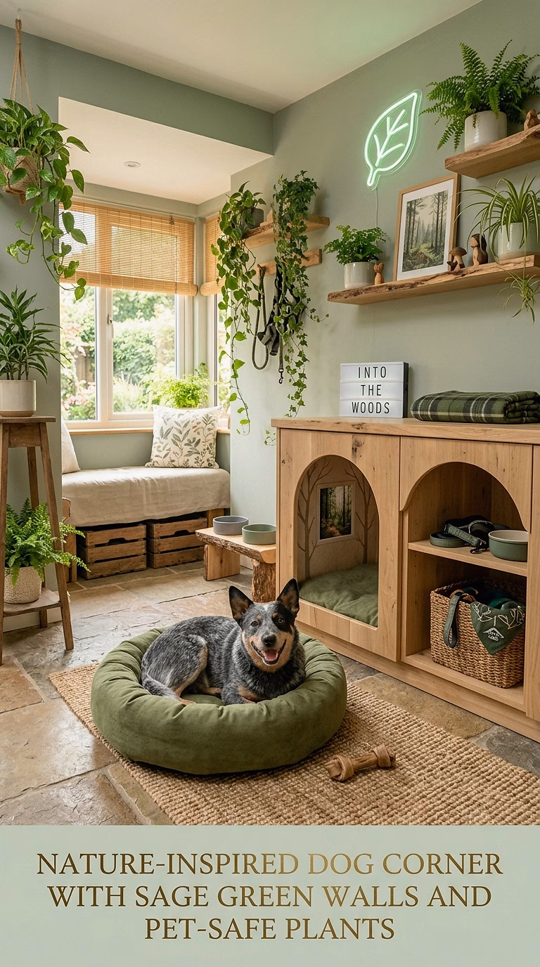 19. Nature-Inspired Dog Corner With Sage Green Walls and Pet-Safe Plants