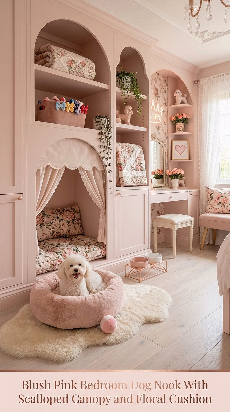 2. Blush Pink Bedroom Dog Nook With Scalloped Canopy and Floral Cushion