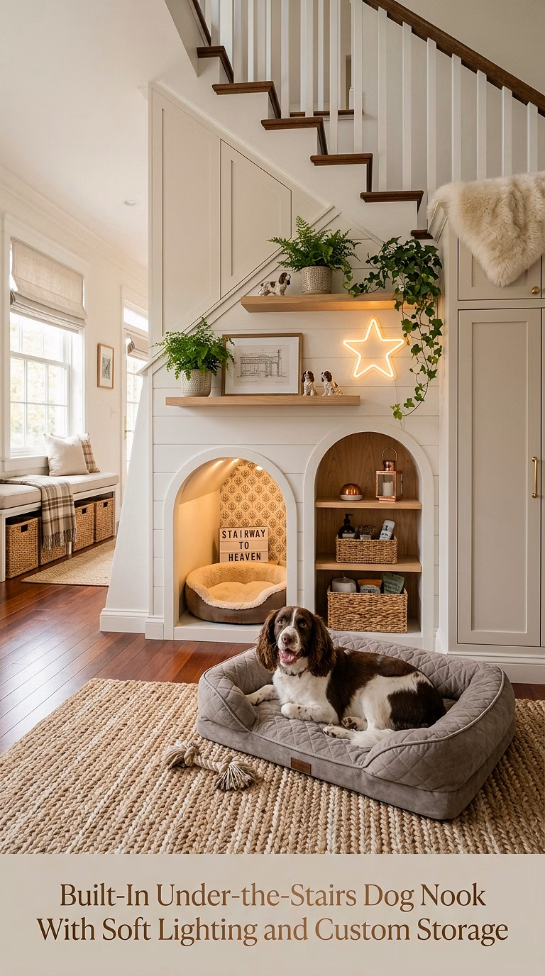 2. Built-In Under-the-Stairs Dog Nook With Soft Lighting and Custom Storage