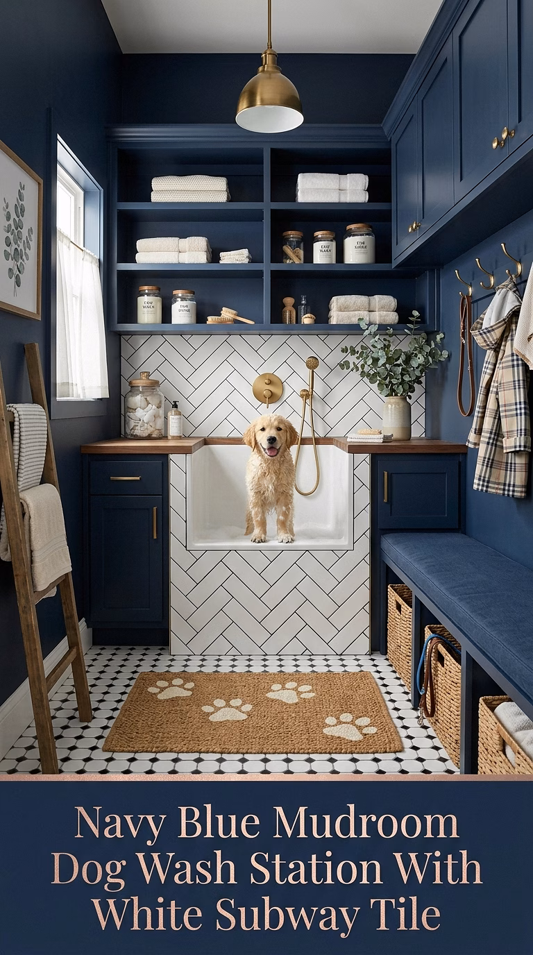 2. Navy Blue Mudroom Dog Wash Station With White Subway Tile