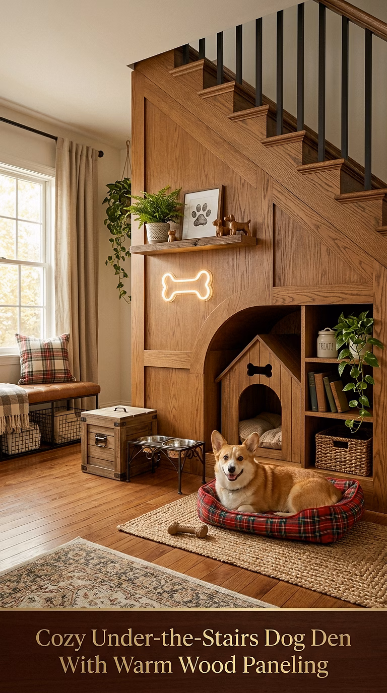 3. Cozy Under-the-Stairs Dog Den With Warm Wood Paneling