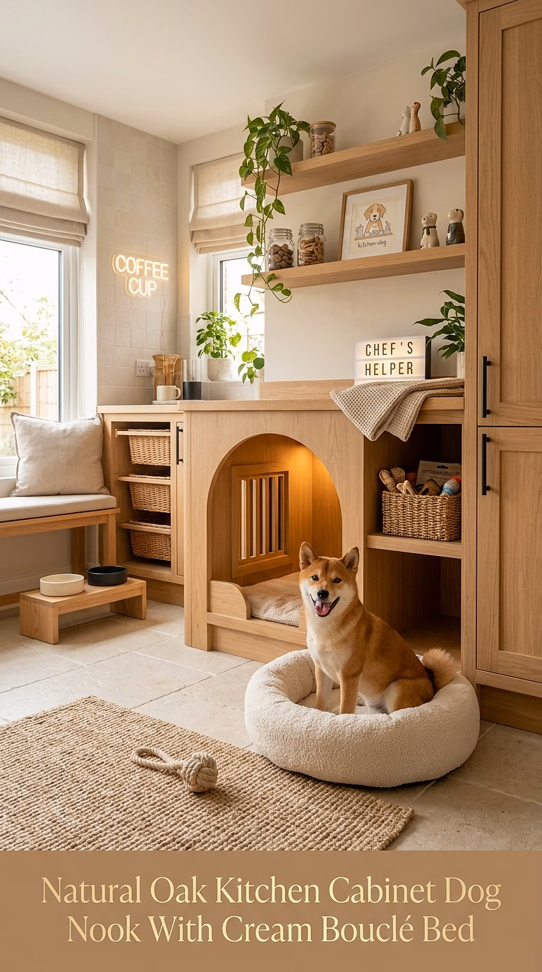 3. Natural Oak Kitchen Cabinet Dog Nook With Cream Bouclé Bed
