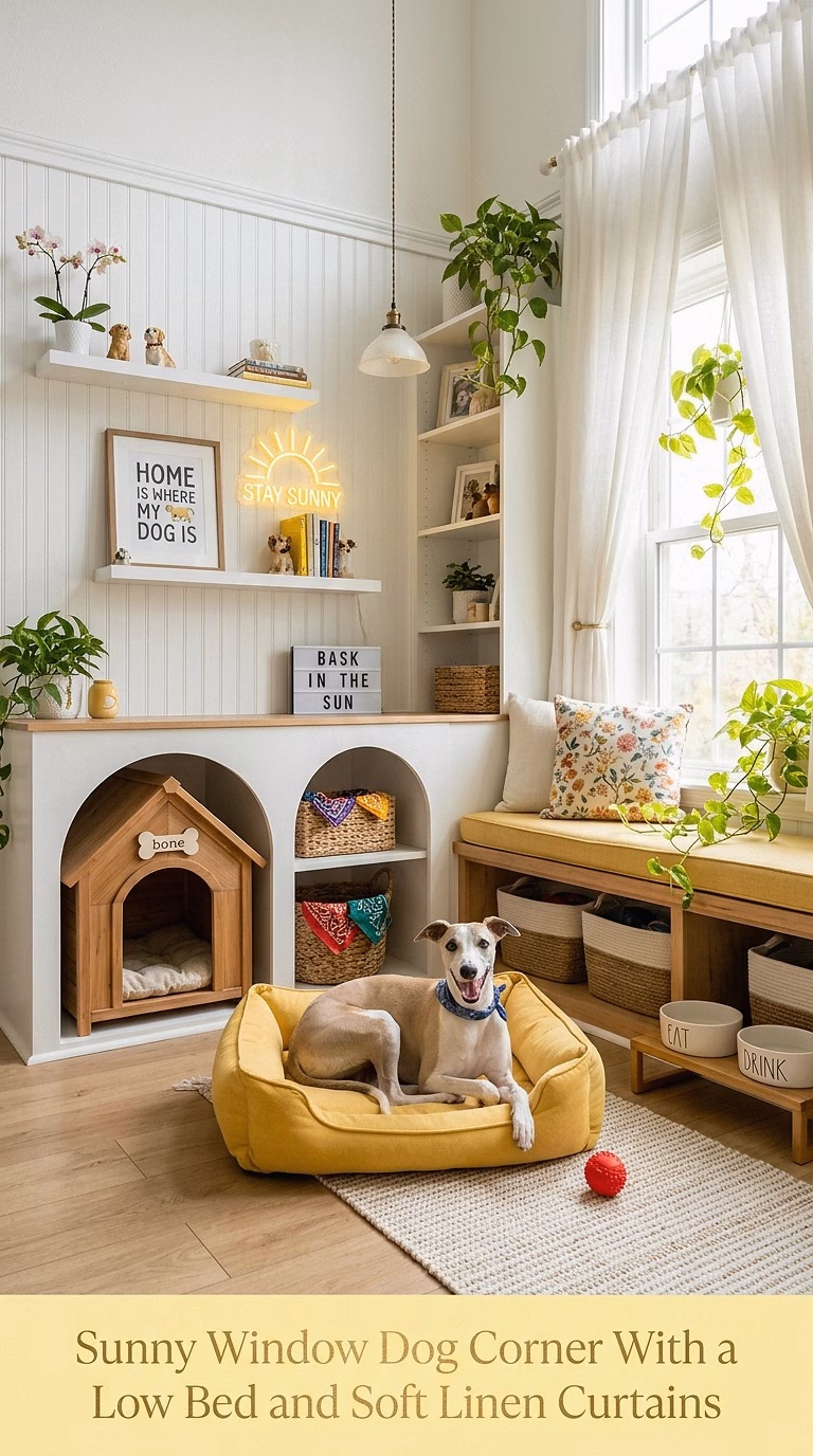 3. Sunny Window Dog Corner With a Low Bed and Soft Linen Curtains