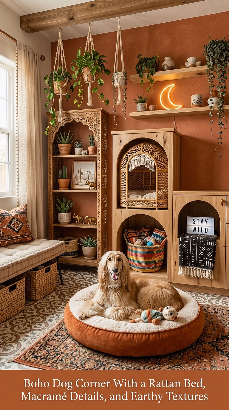 4. Boho Dog Corner With a Rattan Bed, Macramé Details, and Earthy Textures