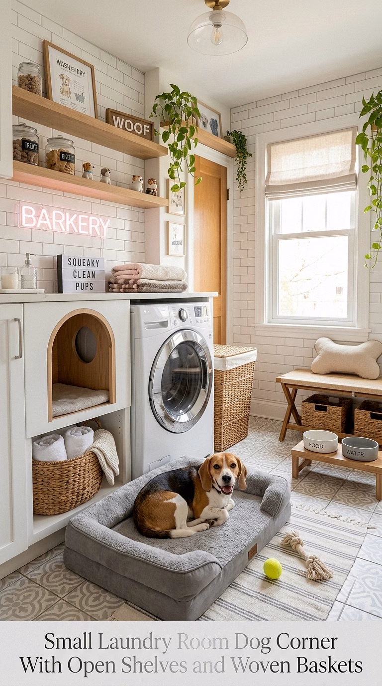 4. Small Laundry Room Dog Corner With Open Shelves and Woven Baskets