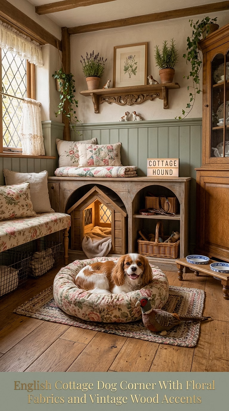 5. English Cottage Dog Corner With Floral Fabrics and Vintage Wood Accents