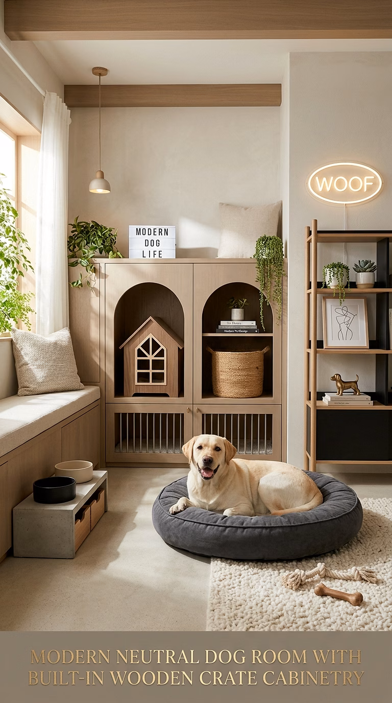 5. Modern Neutral Dog Room With Built-In Wooden Crate Cabinetry