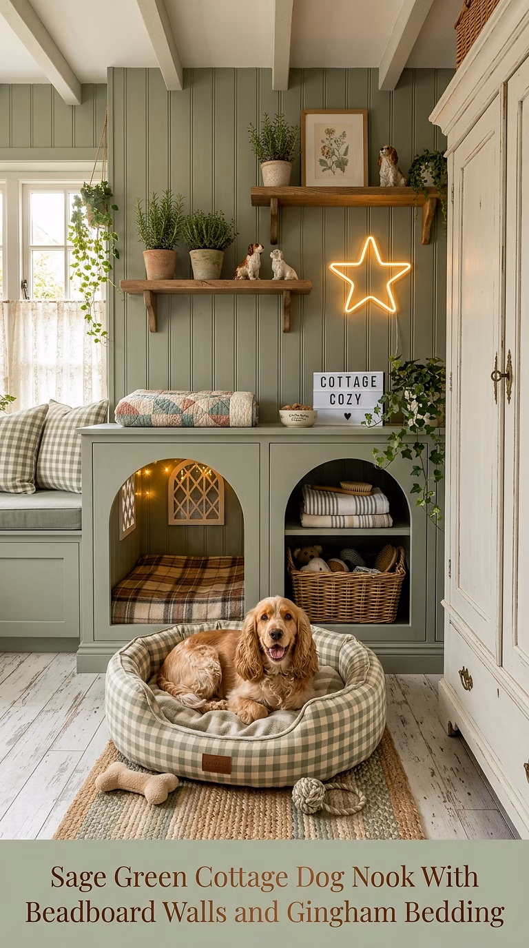 5. Sage Green Cottage Dog Nook With Beadboard Walls and Gingham Bedding