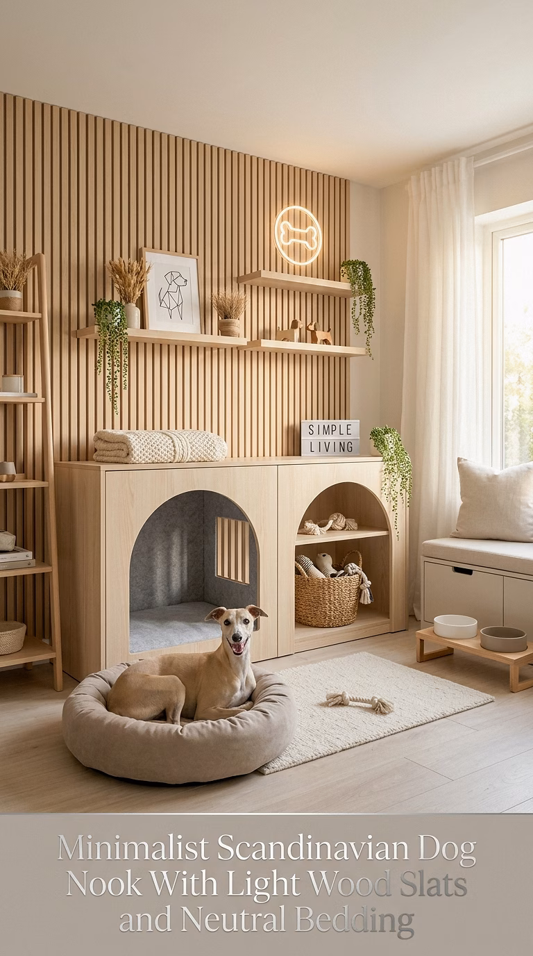6. Minimalist Scandinavian Dog Nook With Light Wood Slats and Neutral Bedding