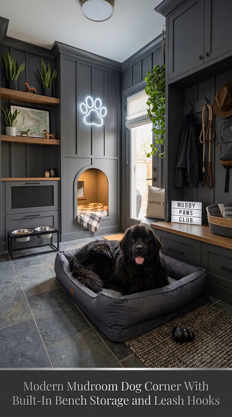 6. Modern Mudroom Dog Corner With Built-In Bench Storage and Leash Hooks