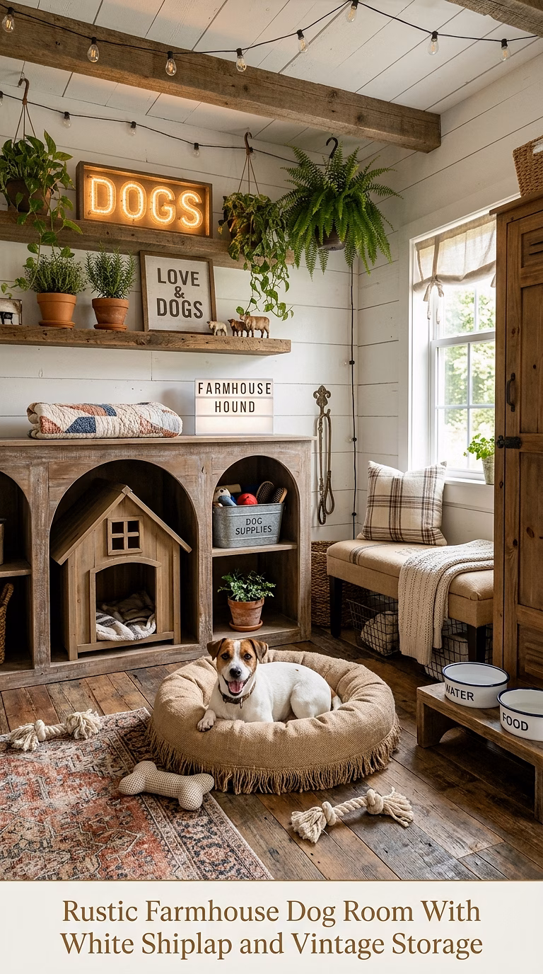 6. Rustic Farmhouse Dog Room With White Shiplap and Vintage Storage