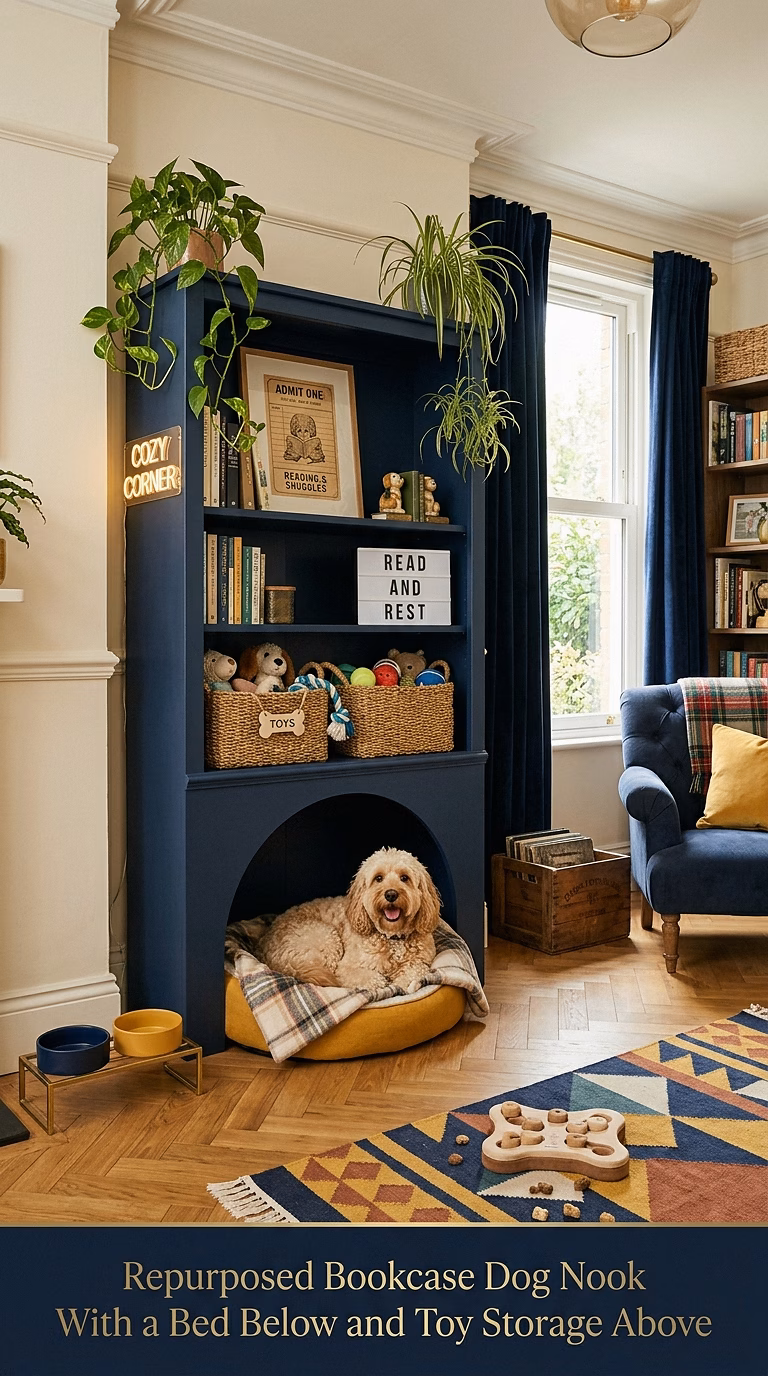 7. Repurposed Bookcase Dog Nook With a Bed Below and Toy Storage Above
