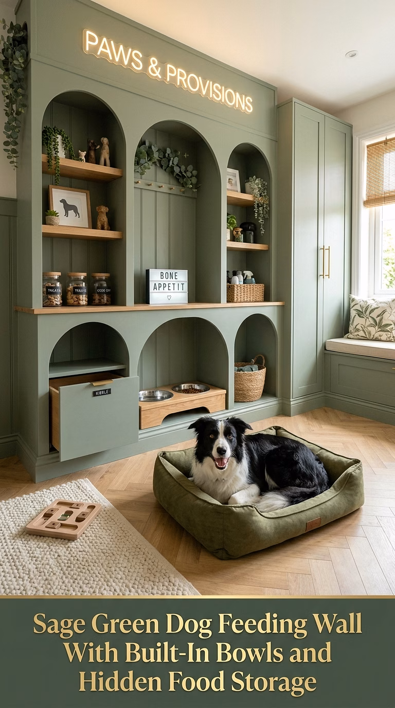 7. Sage Green Dog Feeding Wall With Built-In Bowls and Hidden Food Storage