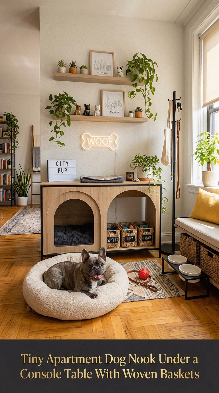 7. Tiny Apartment Dog Nook Under a Console Table With Woven Baskets
