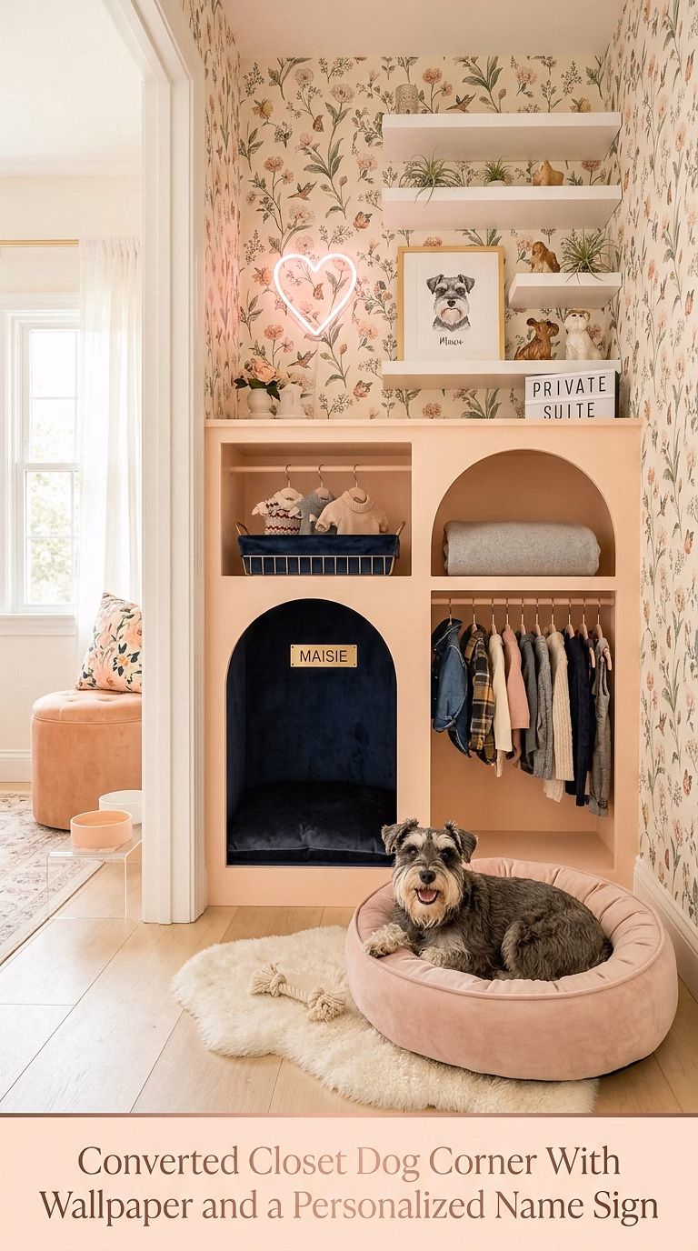 8. Converted Closet Dog Corner With Wallpaper and a Personalized Name Sign