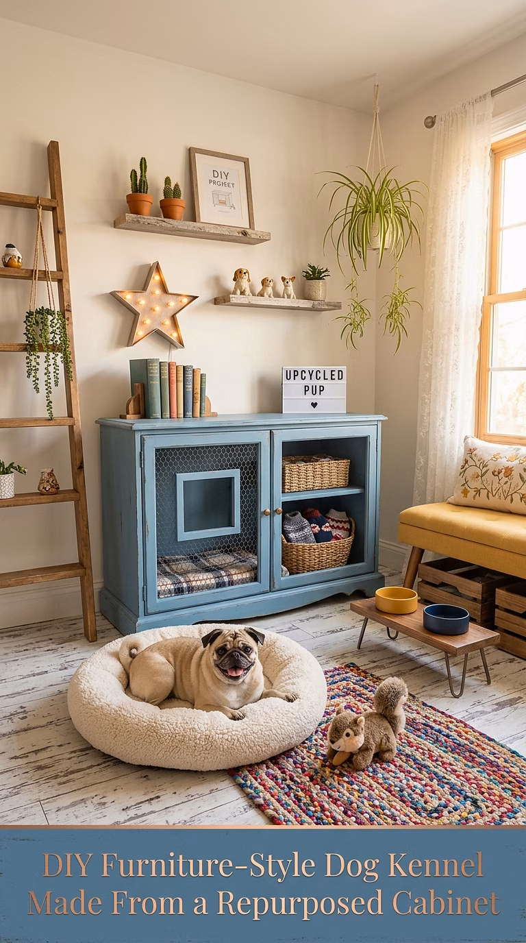 8. DIY Furniture-Style Dog Kennel Made From a Repurposed Cabinet
