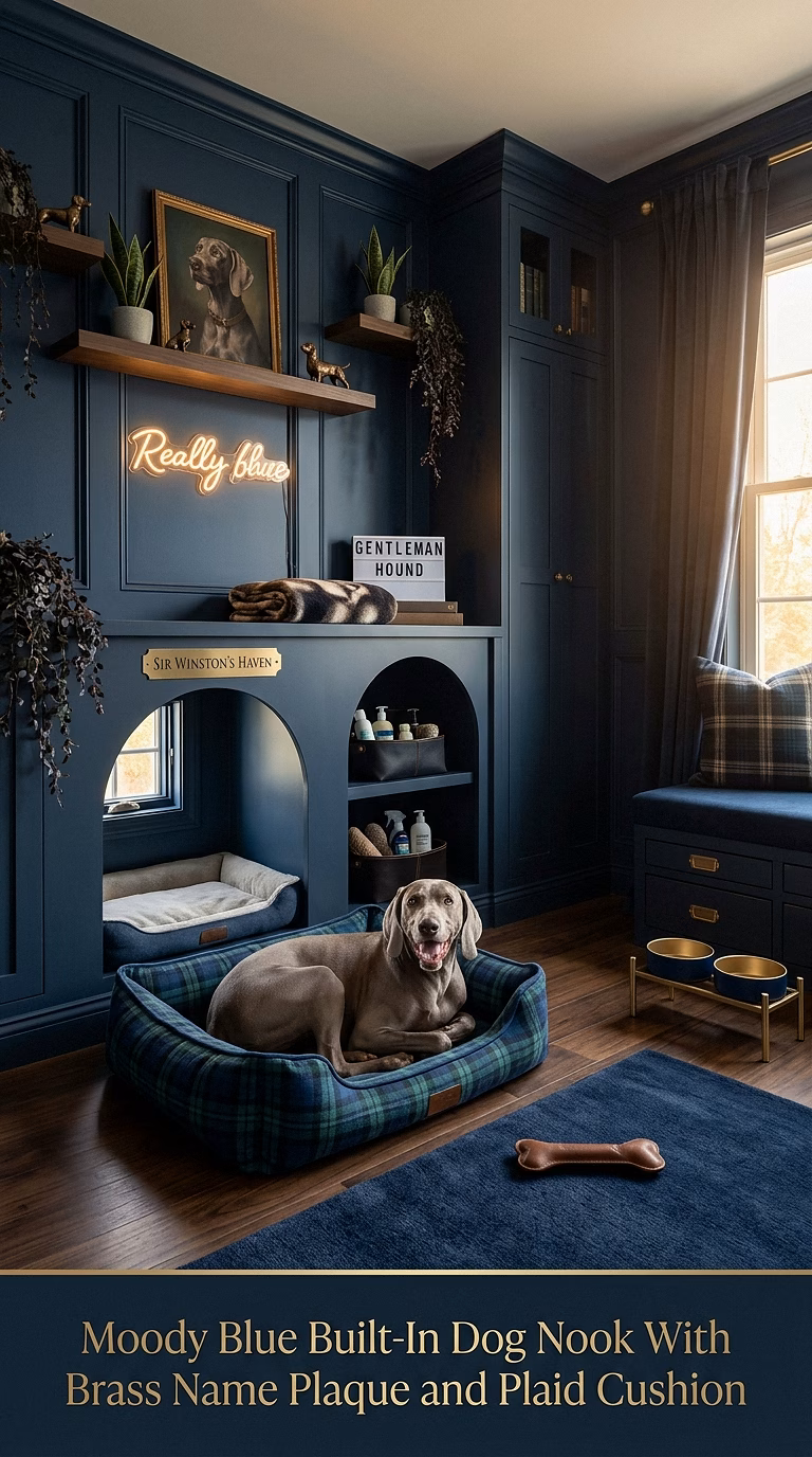 8. Moody Blue Built-In Dog Nook With Brass Name Plaque and Plaid Cushion
