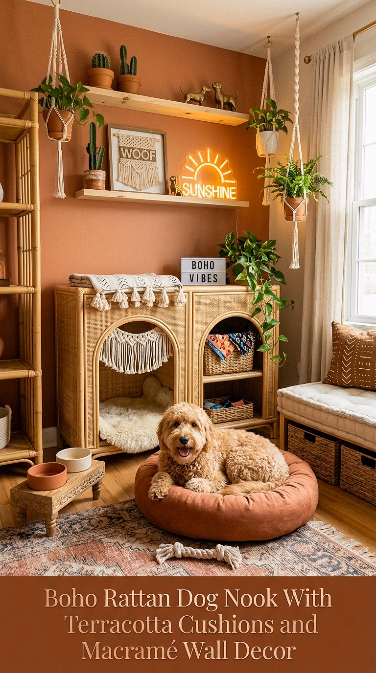 9. Boho Rattan Dog Nook With Terracotta Cushions and Macramé Wall Decor