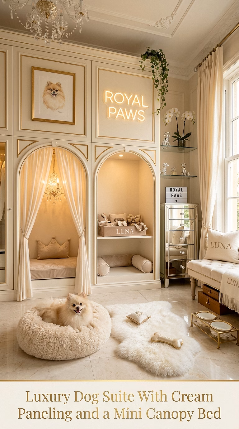 9. Luxury Dog Suite With Cream Paneling and a Mini Canopy Bed