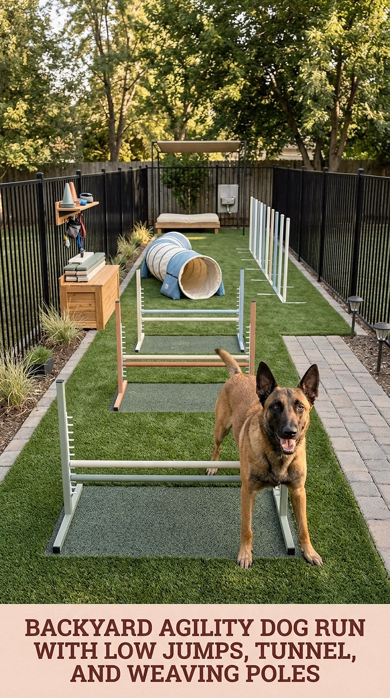 10. Backyard Agility Dog Run With Low Jumps, Tunnel, and Weaving Poles