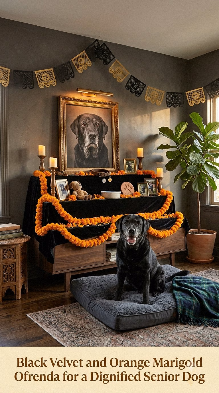10. Black Velvet and Orange Marigold Ofrenda for a Dignified Senior Dog